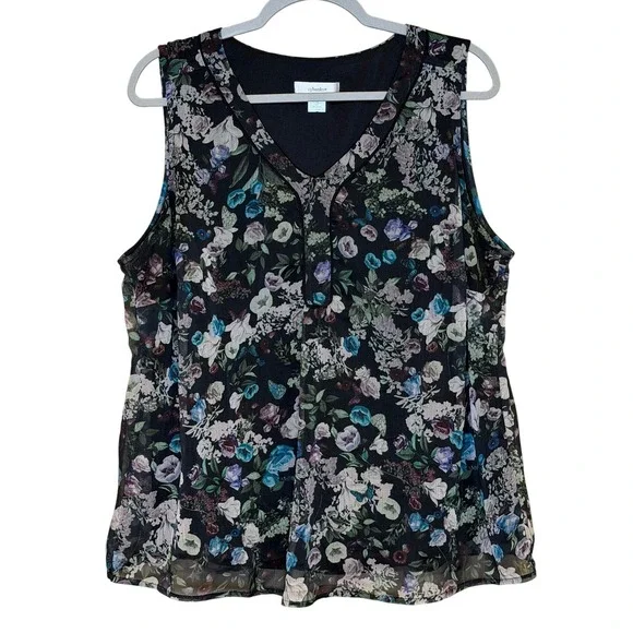 CJ Banks Womens Sleeveless Blouse Black Plus 1X Floral Sleeveless V Neck Top - Picture 1 of 6